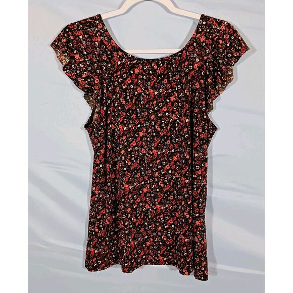 Lucy & Laurel Women's Medium Black and Red Floral Blouse with Flutter Sleeves - Picture 7 of 7